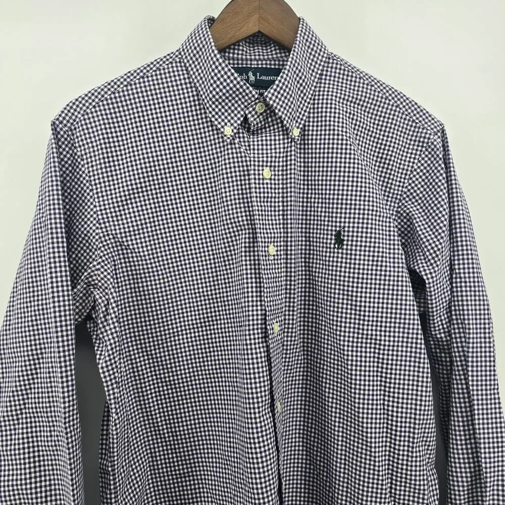 Polo Ralph Lauren Men Blue Gingham Button Down Shirt Size Medium custom fit Pony